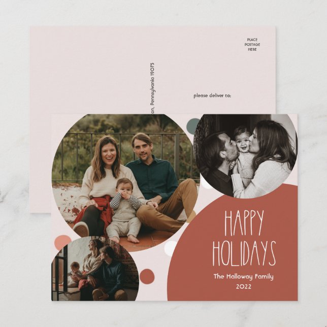 Cartes Pour Fêtes Annuelles Red Boho Polka Dot Joyeuses Vacances Trois Photo (Devant / Derrière)