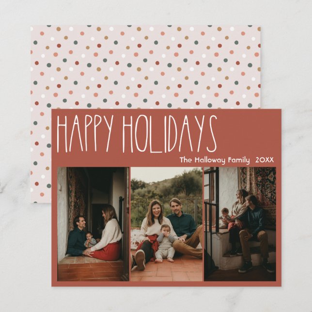 Cartes Pour Fêtes Annuelles Red Boho Polka Dot Joyeuses Vacances Trois photos (Devant / Derrière)