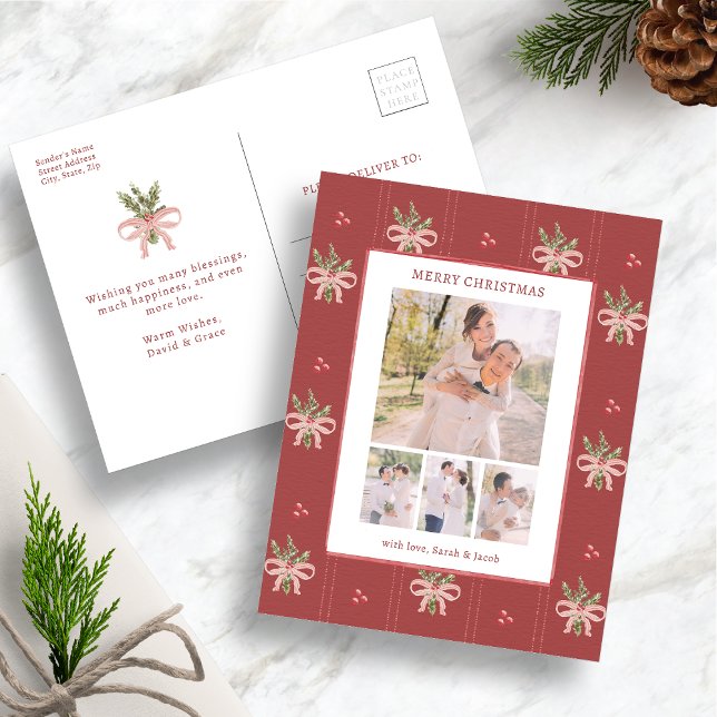 Cartes Pour Fêtes Annuelles Red Botanical Christmas Photo Postcard (Vintage Botanical Photo Christmas Postcard Watercolor Holly & Red Bow Design by Painted Paperie)