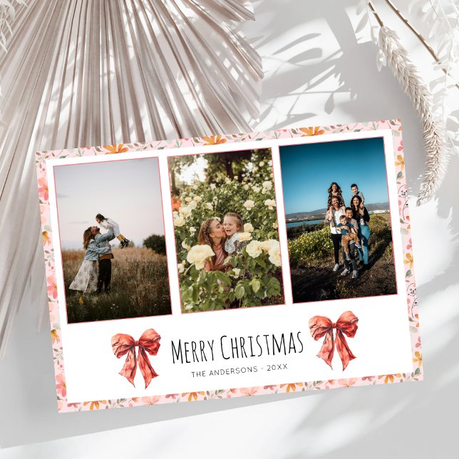 Cartes Pour Fêtes Annuelles Red Bow Coquette Floral Christmas Photo Collage (Créateur téléchargé)