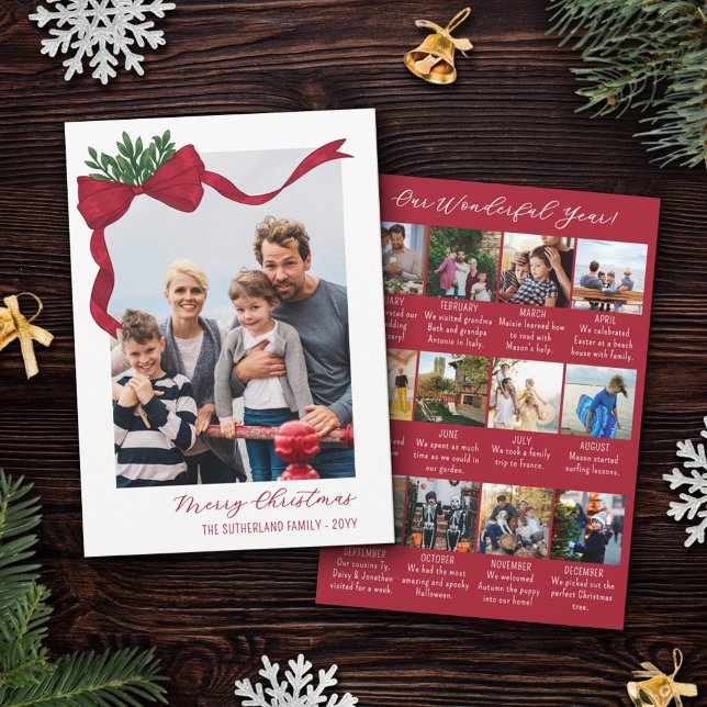 Cartes Pour Fêtes Annuelles Red Bow & Green Année En Revue Joyeux Noël (Créateur téléchargé)