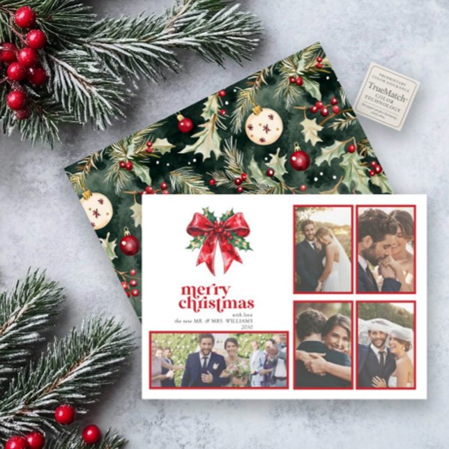 Cartes Pour Fêtes Annuelles Red Bow Holly Marié & Joyeux marié & Joyeux marié  (Créateur téléchargé)