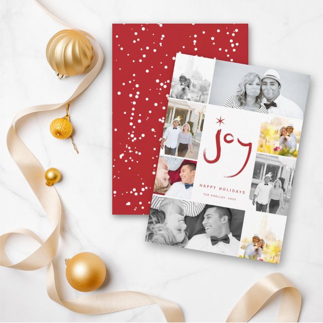 Cartes Pour Fêtes Annuelles Red Brused Joy Calligraphy Star 8 Photo Collage (Créateur téléchargé)