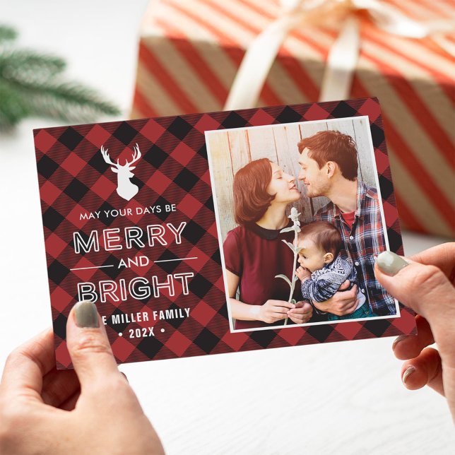 Cartes Pour Fêtes Annuelles Red Buffalo Check Plaid Joyeux et Bright Photo (Créateur téléchargé)