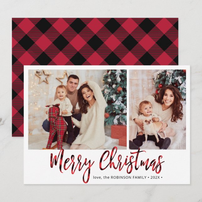 Cartes Pour Fêtes Annuelles Red Buffalo Plaid 2 Photo Collage Noël (Devant / Derrière)