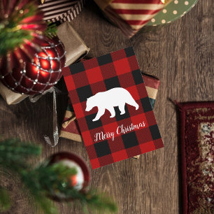 Cartes Pour Fêtes Annuelles Red Buffalo Plaid & Bear   Nom personnel Cadeau