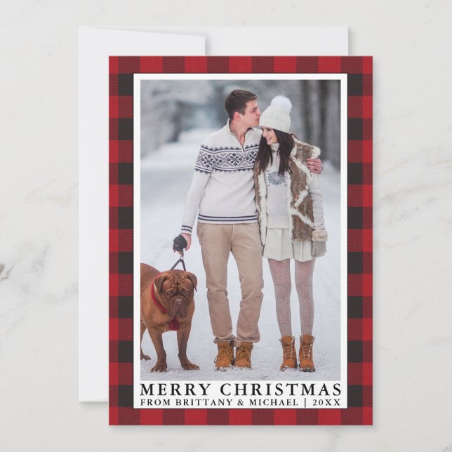 Cartes Pour Fêtes Annuelles Red Buffalo Plaid Joyeux Noël Couple Photo (Devant)