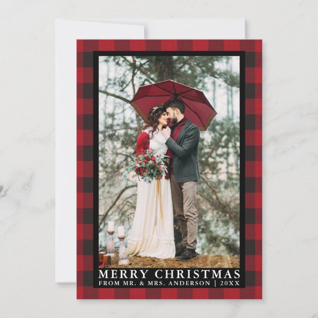 Cartes Pour Fêtes Annuelles Red Buffalo Plaid Mariage Photo Joyeux Noël (Devant)