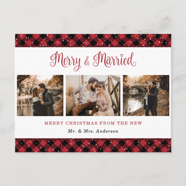 Cartes Pour Fêtes Annuelles Red Buffalo Plaid Marié et Joyeux Nouveaux mariés (Devant)