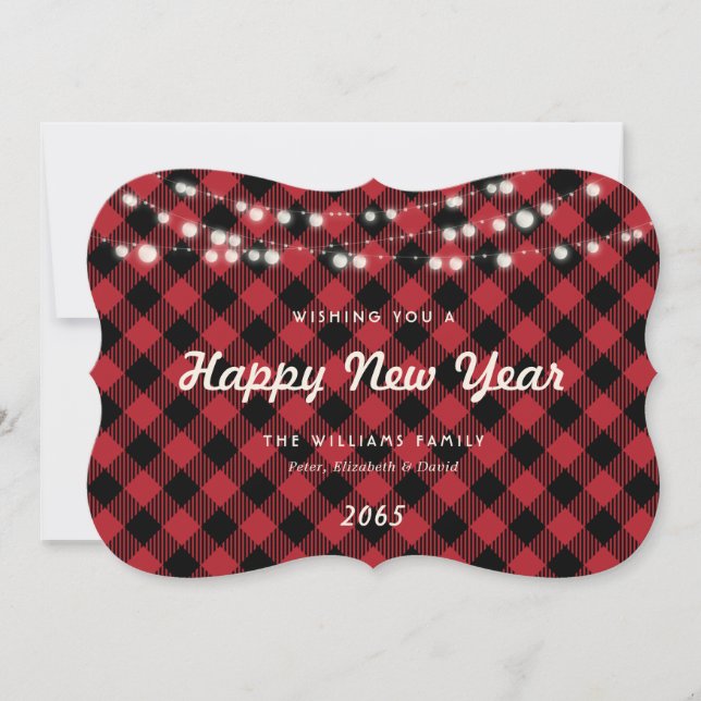Cartes Pour Fêtes Annuelles Red Buffalo Plaid String Lights New Year Card (Devant)