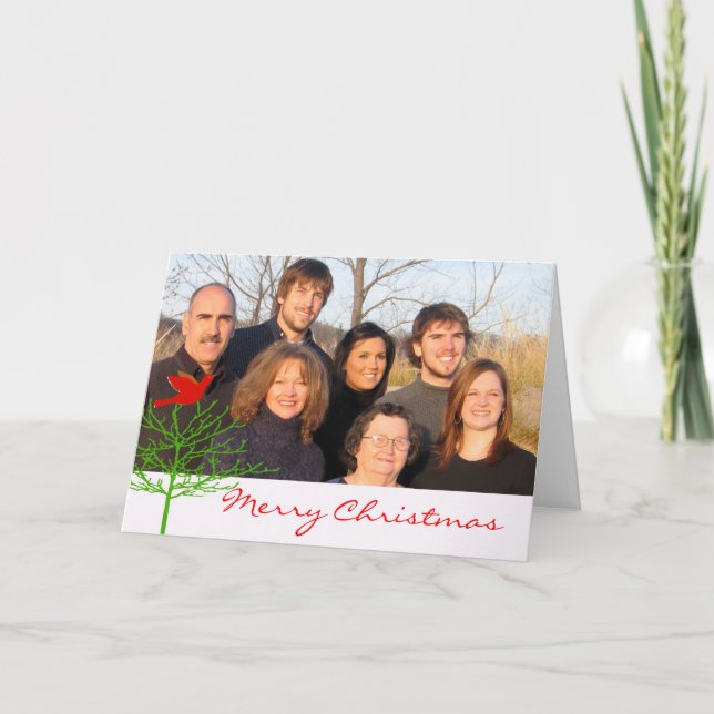 Cartes Pour Fêtes Annuelles Red Christmas Bird Green Tree Votre photo (Devant)
