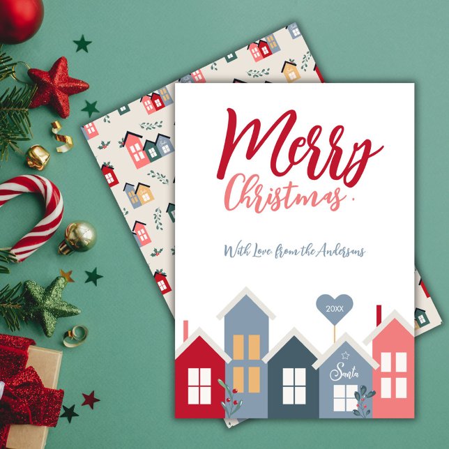 Cartes Pour Fêtes Annuelles Red Dusty Blue Père Noël Village Joyeux Christma (Merry Christmas Santa Houses Red Green Pattern Holiday Card)