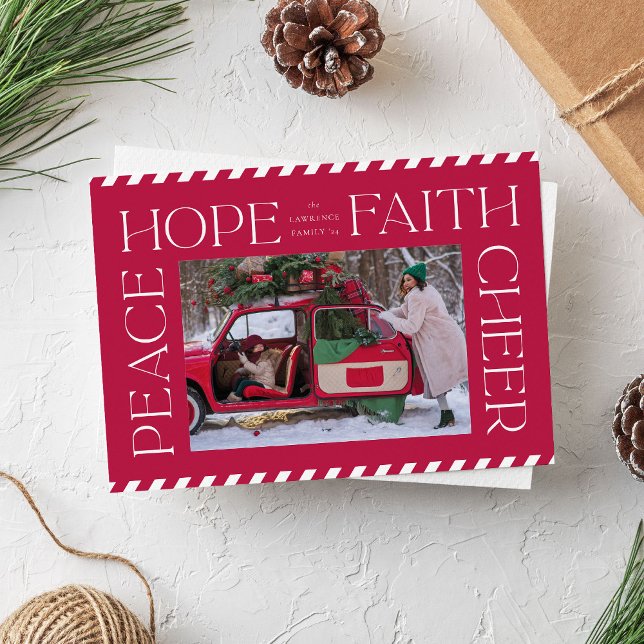 Cartes Pour Fêtes Annuelles Red Elegant Peace Hope Faith Cheer Christmas Photo (Red Christmas photo card with elegant typography, peace, hope, faith and cheer)
