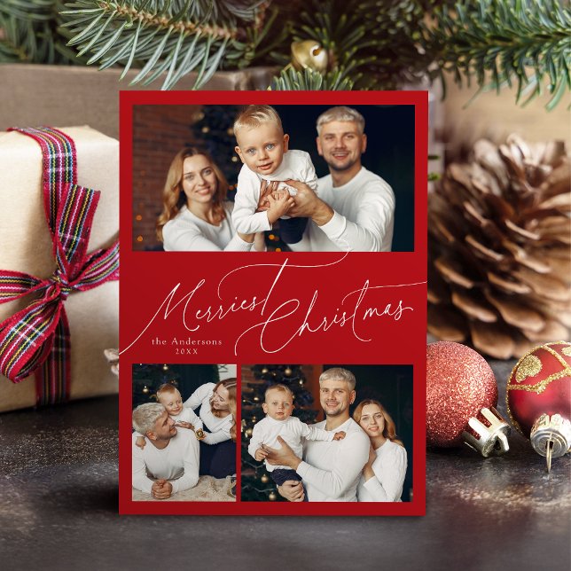 Cartes Pour Fêtes Annuelles Red Elegant Script Merry Christmas Family 3 Photo (Red Elegant Script Merry Christmas Family 3 Photo Holiday Card)