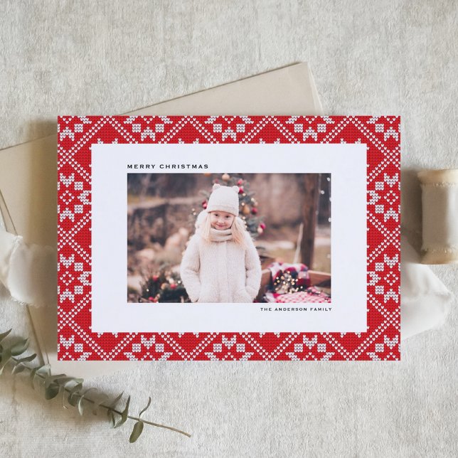 Cartes Pour Fêtes Annuelles Red Fair Isle Winter Knit Motif Photo Noël (Red Fair Isle Winter Knit Pattern Photo Christmas Holiday Card)