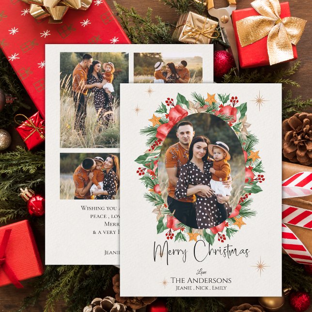 Cartes Pour Fêtes Annuelles Red Florals Multi Family Photos Joyeux Noël (Red Florals Multi Family Photos Merry Christmas Holiday Card)