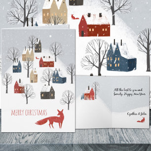 Cartes Pour Fêtes Annuelles Red Fox Snowy Nordic Village Joyeux Noël