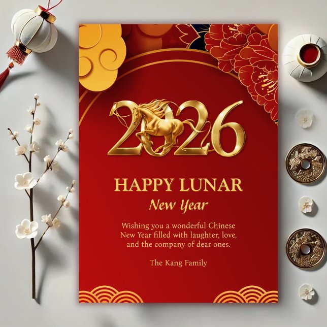Cartes Pour Fêtes Annuelles Red Gold Moderne 2026 Cheval Chinois Lunar Nouvel  (Red Gold Modern 2026 Horse Chinese Lunar New Year Holiday Card)