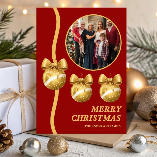 Cartes Pour Fêtes Annuelles Red & Gold Ornaments Family Christmas Photo (Créateur téléchargé)