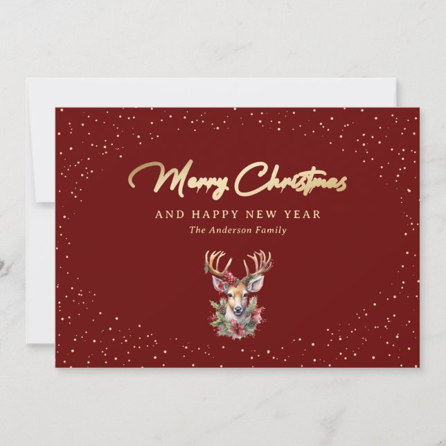 Cartes Pour Fêtes Annuelles Red Gold Snow Reinder moderne (Devant)