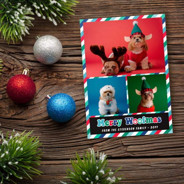 Cartes Pour Fêtes Annuelles Red Green Blue Retro Merry Woofmas Photo Collage (Créateur téléchargé)