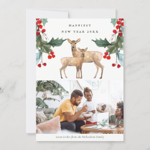 CARTES POUR FÊTES ANNUELLES RED GREEN HOLLY BERRY DEER DUO PHOTO DU NOUVEL AN