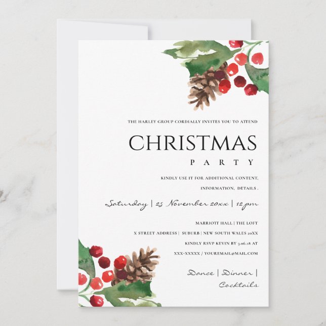 CARTES POUR FÊTES ANNUELLES RED GREEN HOLLY BERRY PINE CONE CHRISTMAS PARTI (Devant)