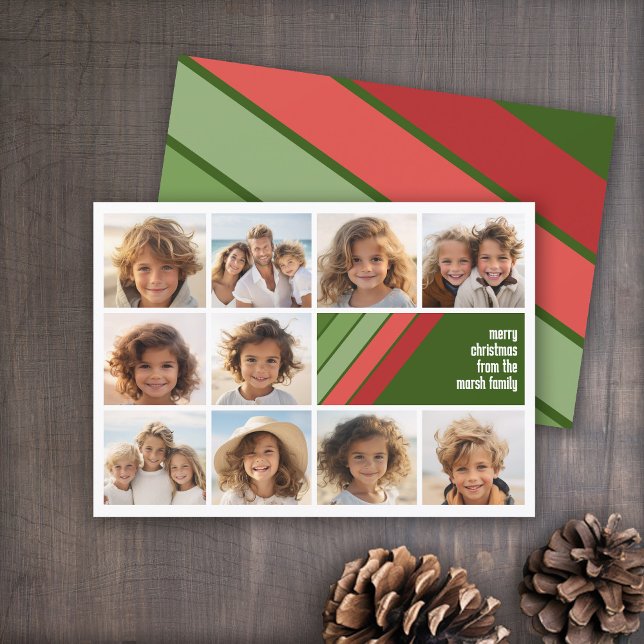 Cartes Pour Fêtes Annuelles Red Green Retro Stripes - 10 Photo Collage (Red and Green Retro Stripe Holiday Card - 10 Photo Template - Print and Download Options)