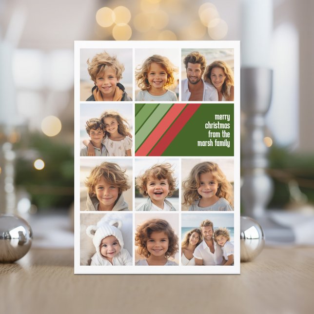 Cartes Pour Fêtes Annuelles Red Green Retro Stripes - 10 Photo Collage (Red and Green Retro Stripe Holiday Card with an 10 Photo Collage template)