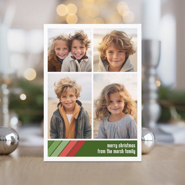 Cartes Pour Fêtes Annuelles Red Green Retro Stripes - 4 Photo Collage (Red and Green Retro Stripe Holiday Card with an 4 Photo Collage template)
