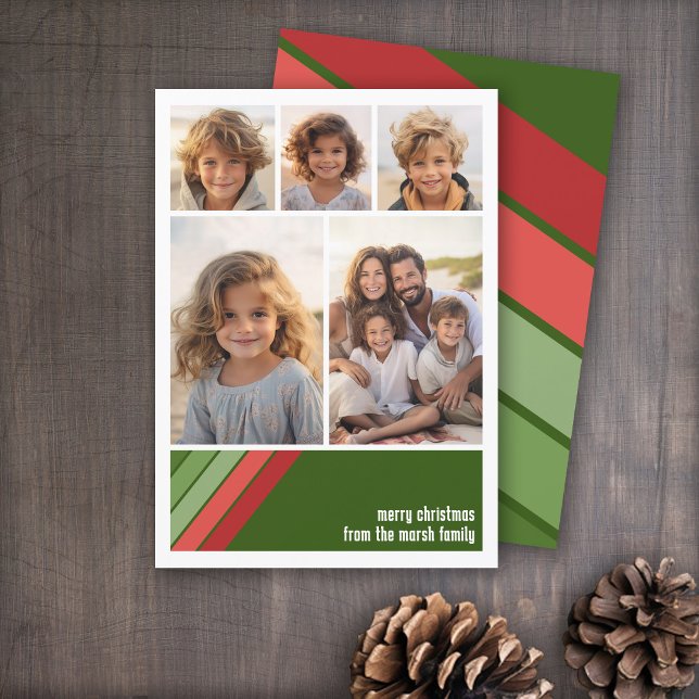 Cartes Pour Fêtes Annuelles Red Green Retro Stripes - 5 Photo Collage (Red and Green Retro Stripe Holiday Card with an 5 Photo Collage template)