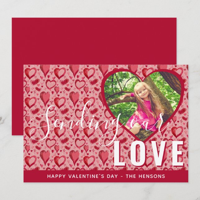 Cartes Pour Fêtes Annuelles Red Heart Valentine`s Day Script Family Photo (Devant / Derrière)