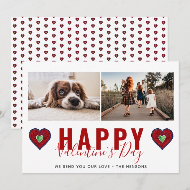 Cartes Pour Fêtes Annuelles Red Heart Valentine`s Day Script Family Photo (Devant / Derrière)