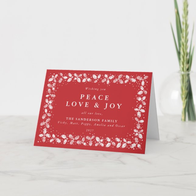 Cartes Pour Fêtes Annuelles Red Holly Feuilles Peace Love & Joy Non Photo (Devant)
