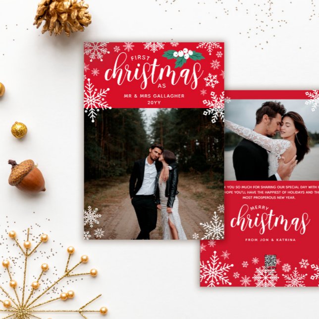 Cartes Pour Fêtes Annuelles Red Holly Snowflakes 1er Noël Marié Photo (Créateur téléchargé)