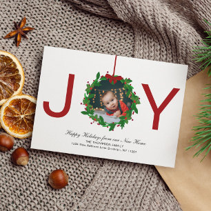 Cartes Pour Fêtes Annuelles Red Joy Noël Botanical Wreath Photo Moving