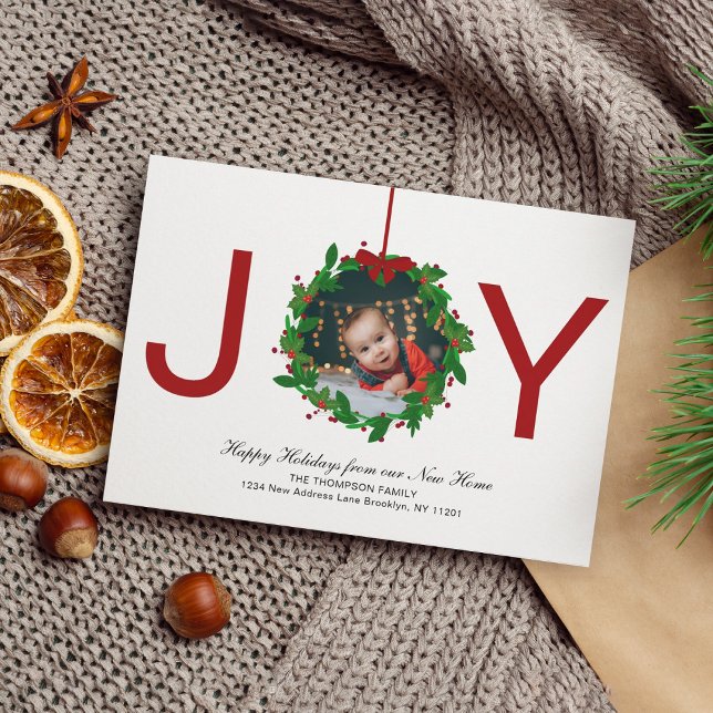 Cartes Pour Fêtes Annuelles Red Joy Noël Botanical Wreath Photo Moving (Créateur téléchargé)