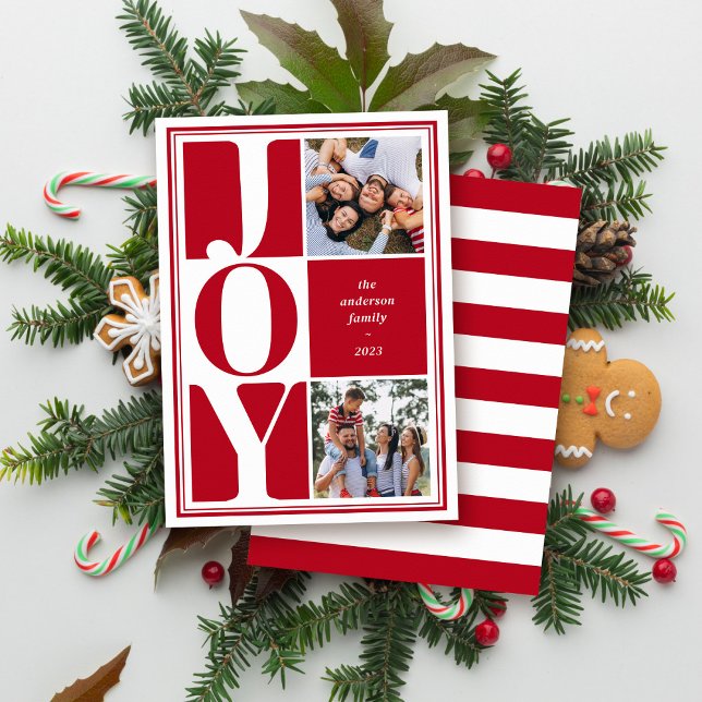 Cartes Pour Fêtes Annuelles Red Joy Photo Collage de Noël moderne (Créateur téléchargé)