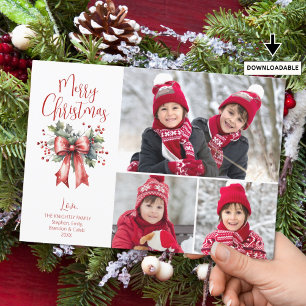 Cartes Pour Fêtes Annuelles Red Joyeux Noël 3 Photos Script Holly Bow