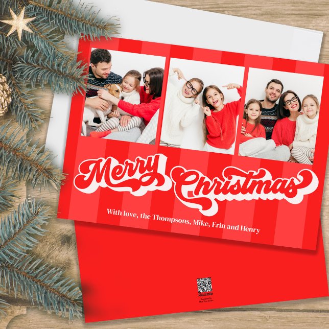 Cartes Pour Fêtes Annuelles Red Joyeux Noël Retro Photo Collage (Merry Christmas retro style typography photo cards.)