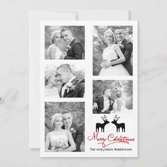 Cartes Pour Fêtes Annuelles Red Joyeux Noël script jeunes mariés photo collage (Devant)