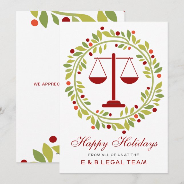 Cartes Pour Fêtes Annuelles Red Justice Scale Holly Wreath Law Firme Noël (Devant / Derrière)
