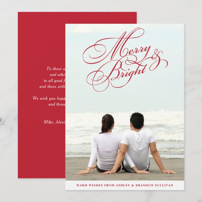 Cartes Pour Fêtes Annuelles Red Merry et Bright Calligraphy Photo de Noël (Devant / Derrière)