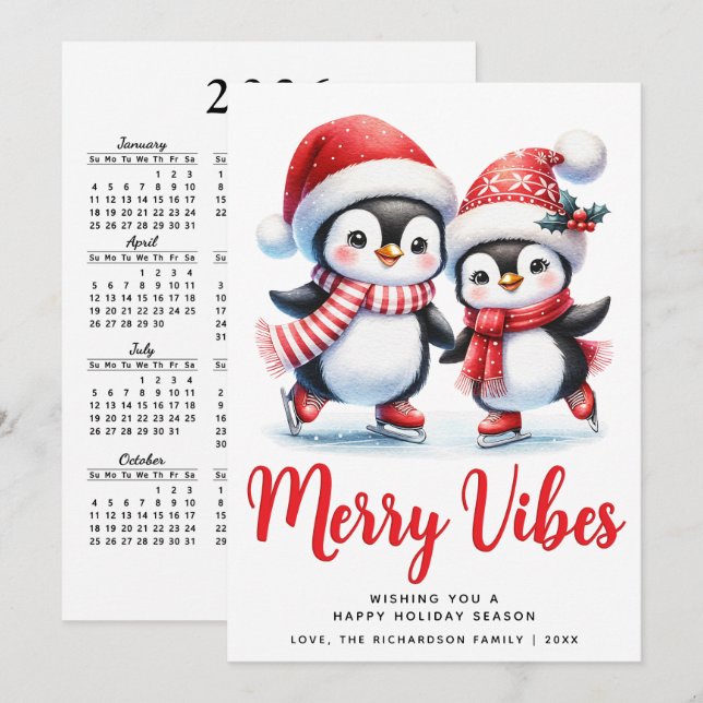 Cartes Pour Fêtes Annuelles Red Merry Vibes Patinage sur glace Pingouins Noël (Devant / Derrière)