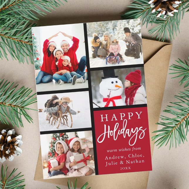 Cartes Pour Fêtes Annuelles Red Modern 5 Photo Collage Noël (Créateur téléchargé)