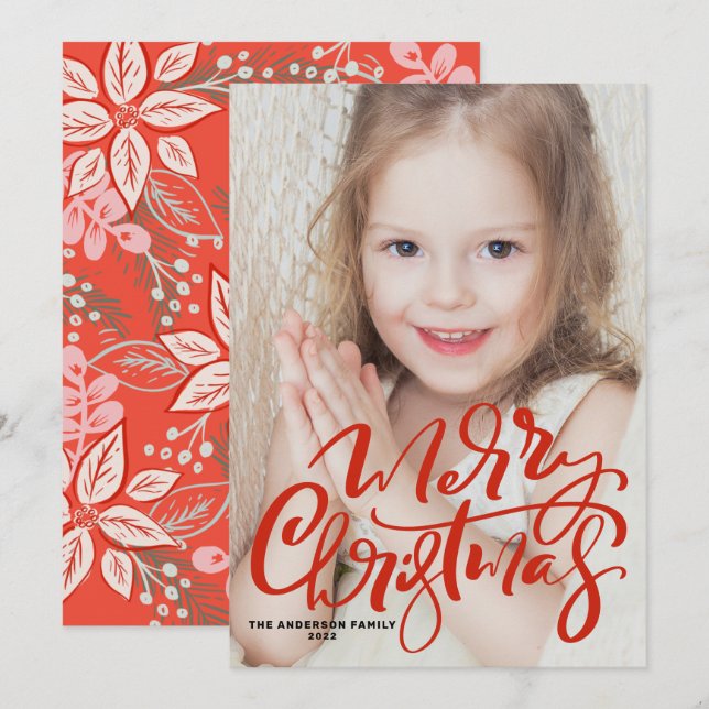 Cartes Pour Fêtes Annuelles Red Modern Calligraphy Photo Joyeux Noël (Devant / Derrière)