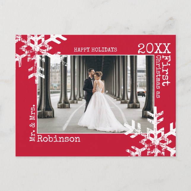 Cartes Pour Fêtes Annuelles Red Newlyweets First Christmas Photo Snowflakes (Devant)