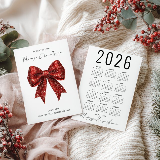 Cartes Pour Fêtes Annuelles Red Parties scintillant Bow 2026 Calendrier Joyeux (Front and back view)