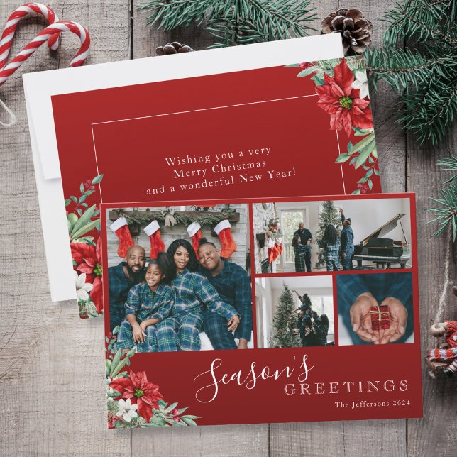 Cartes Pour Fêtes Annuelles Red Photo Collage Bonnes Fêtes Noël (Red Photo Collage Season's Greetings Christmas Holiday Card)