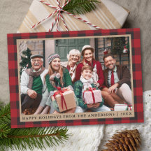 Red Plaid Happy Holidays Kraft Photo de famille